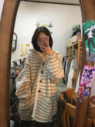 Soft Border Hooded Loose Fit Knit Cardigan