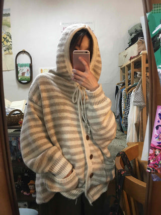 Soft Border Hooded Loose Fit Knit Cardigan