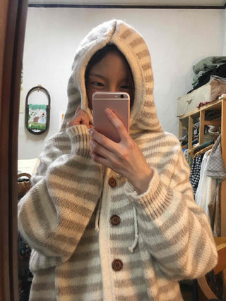 Soft Border Hooded Loose Fit Knit Cardigan