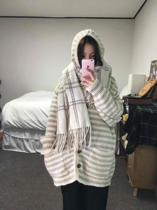 Soft Border Hooded Loose Fit Knit Cardigan