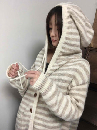 Soft Border Hooded Loose Fit Knit Cardigan
