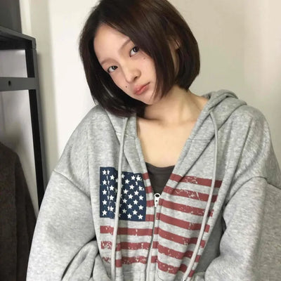 Cotton Casual Flag Patch Hoodie Loose Fit Zip-up Hoodie