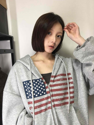 Cotton Casual Flag Patch Hoodie Loose Fit Zip-up Hoodie
