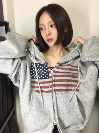 Cotton Casual Flag Patch Hoodie Loose Fit Zip-up Hoodie