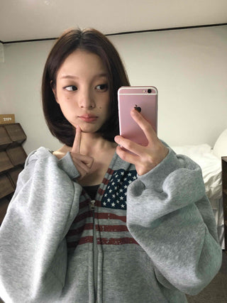 Cotton Casual Flag Patch Hoodie Loose Fit Zip-up Hoodie