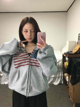 Cotton Casual Flag Patch Hoodie Loose Fit Zip-up Hoodie