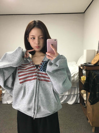 Cotton Casual Flag Patch Hoodie Loose Fit Zip-up Hoodie