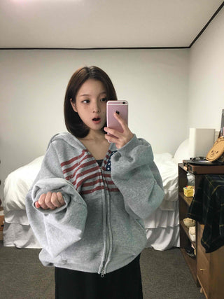 Cotton Casual Flag Patch Hoodie Loose Fit Zip-up Hoodie