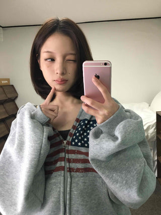 Cotton Casual Flag Patch Hoodie Loose Fit Zip-up Hoodie