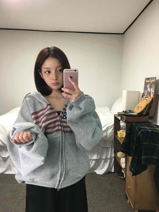 Cotton Casual Flag Patch Hoodie Loose Fit Zip-up Hoodie