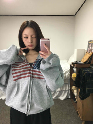 Cotton Casual Flag Patch Hoodie Loose Fit Zip-up Hoodie