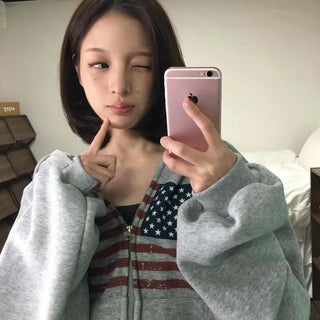 Cotton Casual Flag Patch Hoodie Loose Fit Zip-up Hoodie