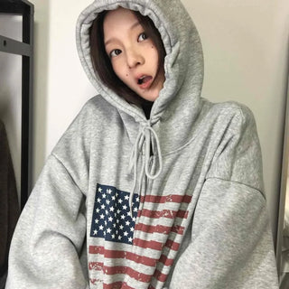 Cotton Casual Flag Patch Hoodie Loose Fit Zip-up Hoodie