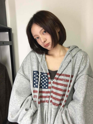Cotton Casual Flag Patch Hoodie Loose Fit Zip-up Hoodie