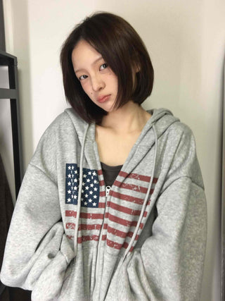 Cotton Casual Flag Patch Hoodie Loose Fit Zip-up Hoodie