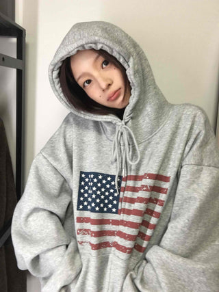Cotton Casual Flag Patch Hoodie Loose Fit Zip-up Hoodie