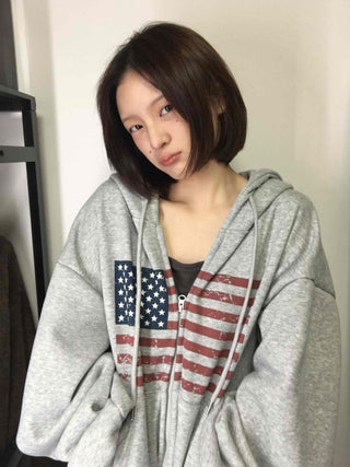 Cotton Casual Flag Patch Hoodie Loose Fit Zip-up Hoodie