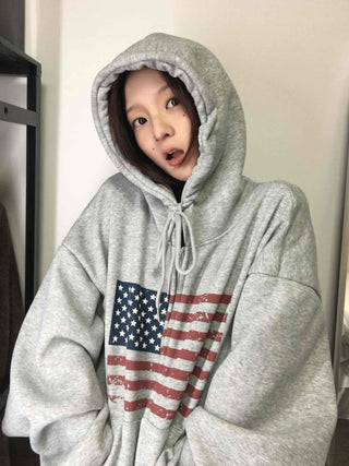 Cotton Casual Flag Patch Hoodie Loose Fit Zip-up Hoodie