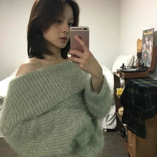 Season Waffle Texture Slouch Loose Fit Off-Shoulder Knit