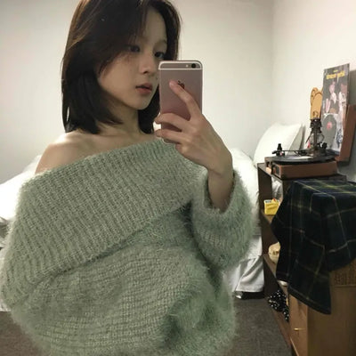 Season Waffle Texture Slouch Loose Fit Off-Shoulder Knit