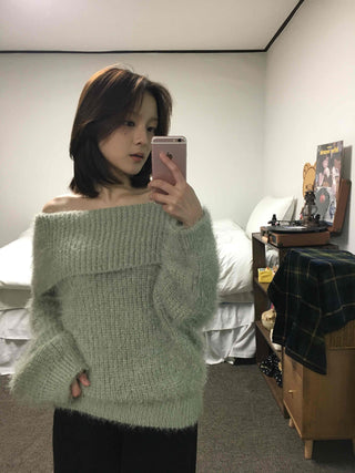 Season Waffle Texture Slouch Loose Fit Off-Shoulder Knit
