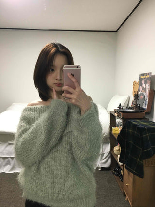 Season Waffle Texture Slouch Loose Fit Off-Shoulder Knit
