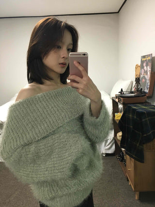 Season Waffle Texture Slouch Loose Fit Off-Shoulder Knit