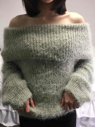 Season Waffle Texture Slouch Loose Fit Off-Shoulder Knit