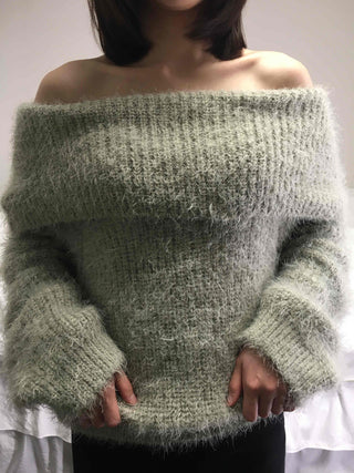 Season Waffle Texture Slouch Loose Fit Off-Shoulder Knit