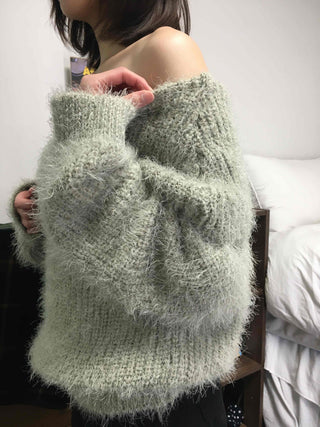 Season Waffle Texture Slouch Loose Fit Off-Shoulder Knit