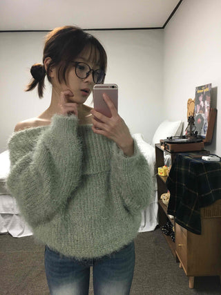 Season Waffle Texture Slouch Loose Fit Off-Shoulder Knit