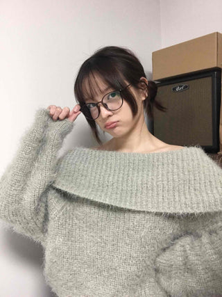 Season Waffle Texture Slouch Loose Fit Off-Shoulder Knit