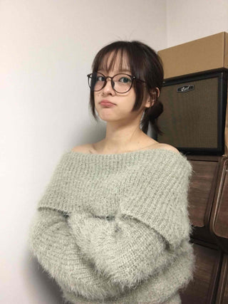 Season Waffle Texture Slouch Loose Fit Off-Shoulder Knit