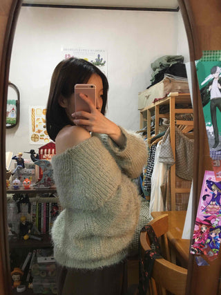 Season Waffle Texture Slouch Loose Fit Off-Shoulder Knit