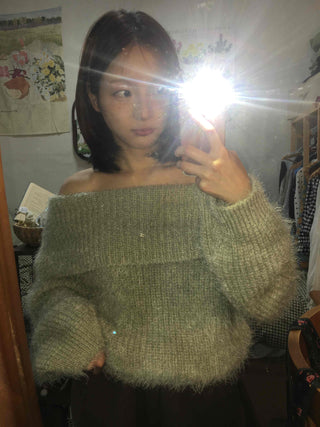 Season Waffle Texture Slouch Loose Fit Off-Shoulder Knit