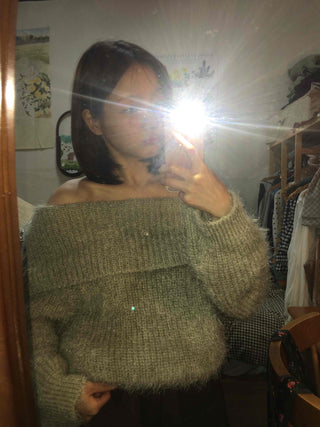 Season Waffle Texture Slouch Loose Fit Off-Shoulder Knit