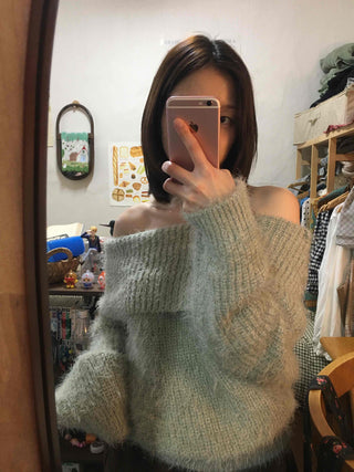 Season Waffle Texture Slouch Loose Fit Off-Shoulder Knit