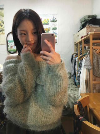 Season Waffle Texture Slouch Loose Fit Off-Shoulder Knit