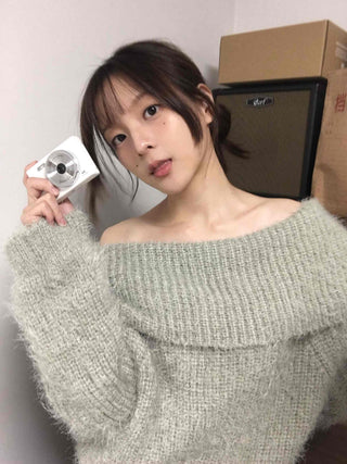 Season Waffle Texture Slouch Loose Fit Off-Shoulder Knit