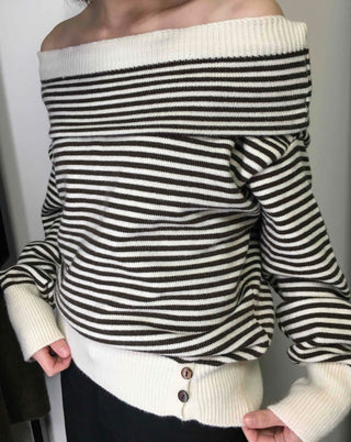 Marine Border Off-Shoulder Loose Fit Knit