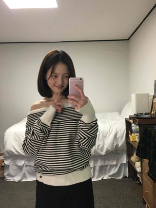 Marine Border Off-Shoulder Loose Fit Knit