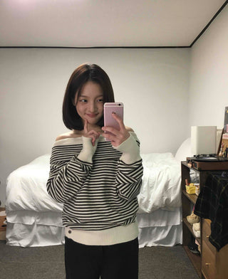Marine Border Off-Shoulder Loose Fit Knit
