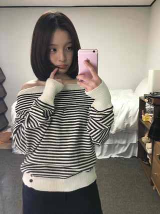 Marine Border Off-Shoulder Loose Fit Knit