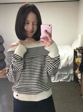 Marine Border Off-Shoulder Loose Fit Knit