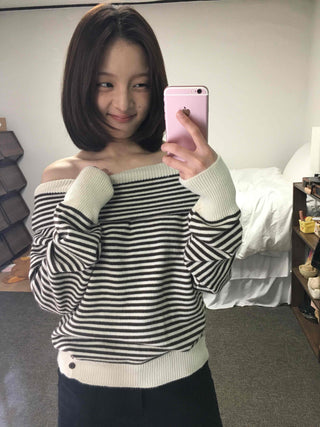 Marine Border Off-Shoulder Loose Fit Knit