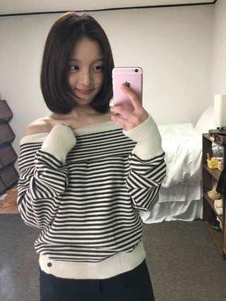 Marine Border Off-Shoulder Loose Fit Knit