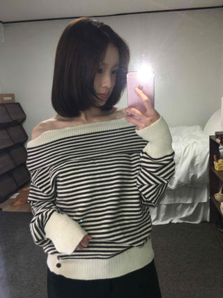 Marine Border Off-Shoulder Loose Fit Knit