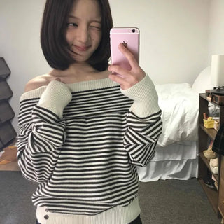 Marine Border Off-Shoulder Loose Fit Knit