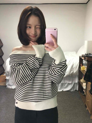 Marine Border Off-Shoulder Loose Fit Knit
