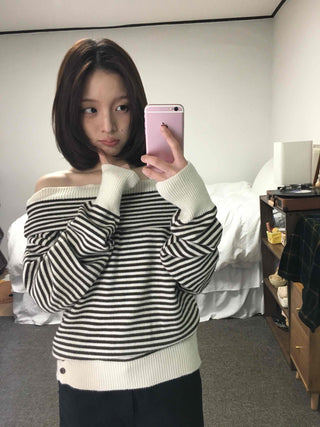 Marine Border Off-Shoulder Loose Fit Knit
